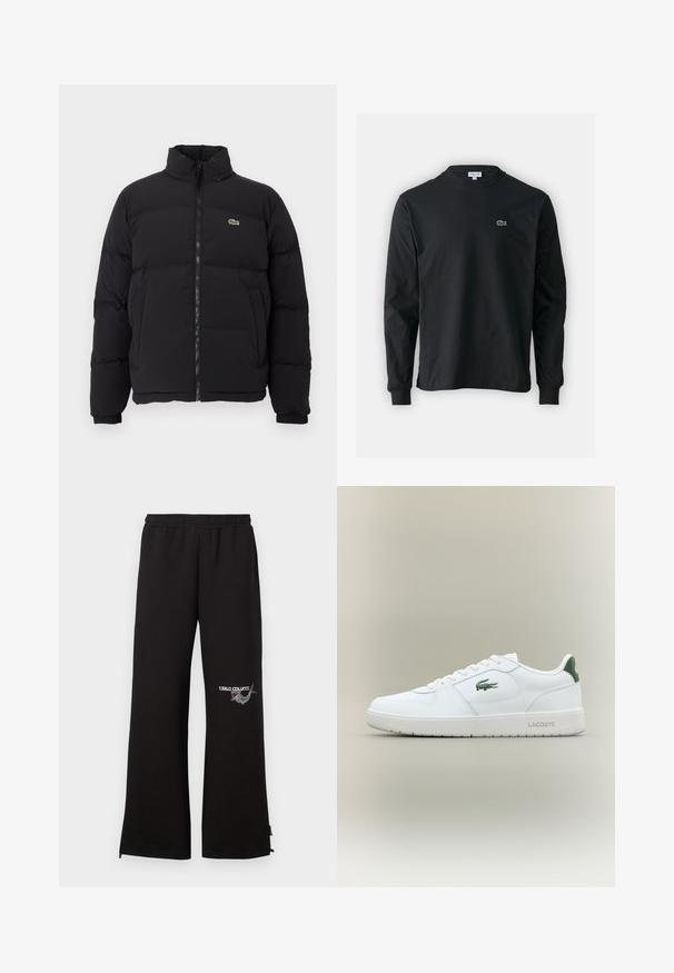 Melnā pūkainā jaka ar augstu apkakli, priekšējo rāvējslēdzēju un mazu zaļu logotipu. Iezīmējas ar kviltētām sekcijām un elastīgām aprocēm.; Melna garām piedurknēm t-krekls, izgatavots no kokvilnas, ar apaļu kakla izgriezumu un mazu zaļu izšūtu krokodila logo kreisajā krūtī.; Melni sporta bikses ar elastīgu jostasvietu, kurām ir izšūts logo un grafiskais motīvs uz kreisās kājas. Taisna piegriezuma ar rāvējslēdzējiem pie apakšējiem galiem.; Baltas ādas sneakers ar gludu apdari, zaļiem akcentiem uz papēža un zaļu logotipu sānos. Iezīmē platu zoli un apaļu pirkstu.