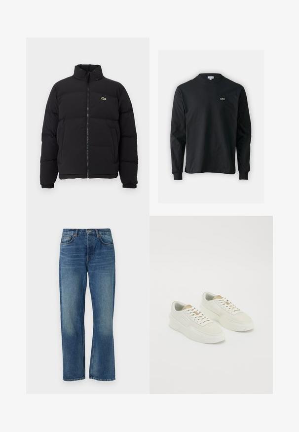 Chaqueta de plumas negra con cuello alto, cremallera frontal y un pequeño logotipo verde. Presenta secciones acolchadas y puños elásticos.; Camiseta de manga larga negra de algodón, con escote redondo y un pequeño logo de cocodrilo bordado en verde en el lado izquierdo del pecho.; Vaqueros de mezclilla azul con un corte recto, que presentan un diseño clásico de cinco bolsillos, textura desgastada y adornos de remaches de cobre.; Un par de zapatillas bajas de color blanco roto con acentos beige, suelas gruesas y cordones blancos sobre un fondo blanco liso.