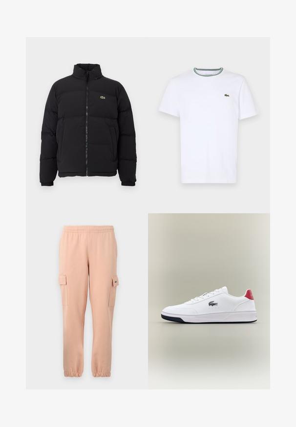 Black puffer jacket with a high collar, front zipper, and a small green logo. Features quilted sections and elasticized cuffs.; White cotton short-sleeve T-shirt with a ribbed collar featuring green and black stripes; small green embroidered logo on left chest.; Pink cotton joggers featuring an elastic waistband, ribbed cuffs, two side pockets, and a small logo patch on one pocket.; White synthetic sneakers with a low profile, lace-up design, and a navy rubber sole. Features a red accent at the heel and embroidered logo.