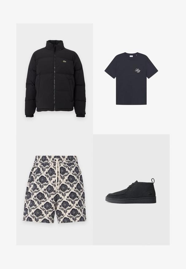 Melnā pūkainā jaka ar augstu apkakli, priekšējo rāvējslēdzēju un mazu zaļu logotipu. Iezīmējas ar kviltētām sekcijām un elastīgām aprocēm.; Tumši zils kokvilnas T-krekls ar apaļu kakla izgriezumu, īsām piedurknēm un mazu baltu "LD" logotipu kreisajā krūtī. Klasisks taisnstūrveida piegriezums.; Krēmkrāsas šorti ar tumši zilu ziedu rakstu, ar elastīgu jostu un auklu, izgatavoti no viegla auduma.; Melna zamša kurpīte ar auklēm līdz potītei, ar ievelkamu cilpu un struktūru zoli, kurai sānos ir neliels, reljefs krokodila logo.