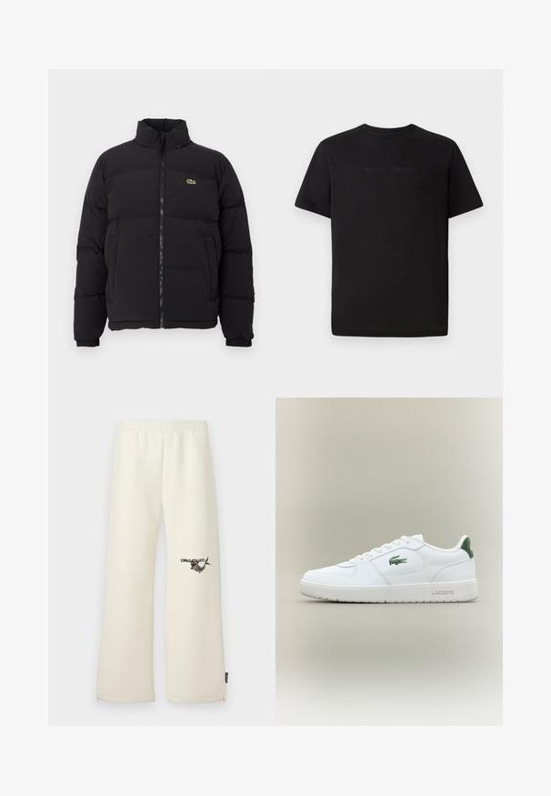 Chaqueta de plumas negra con cuello alto, cremallera frontal y un pequeño logotipo verde. Presenta secciones acolchadas y puños elásticos.; Lacoste Camiseta básica - black; Pantalones de chándal color crema con un ajuste relajado, cintura elástica y bolsillos laterales. Presenta un diseño impreso en el muslo izquierdo.; Zapatilla de cuero blanca con un acabado suave, acentos verdes en el talón y un logotipo verde en el lateral. Presenta una suela plana y una puntera redonda.
