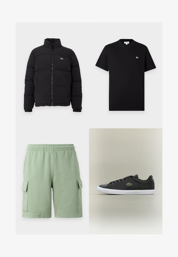 Czarna kurtka puchowa z wysokim kołnierzem, przednim zamkiem błyskawicznym i małym zielonym logo. Posiada pikowane sekcje oraz elastyczne mankiety.; Czarna bawełniana koszulka z klasycznym okrągłym dekoltem i krótkimi rękawami. Dyskretny biały logo Lacoste na lewej piersi. Gładka tekstura.; Zielone bawełniane szorty z elastycznym pasem, dwiema bocznymi kieszeniami cargo oraz małym detalem z logo na lewej kieszeni.; Czarne skórzane sneakersy z białą gumową podeszwą, z zielonym logo krokodyla i okrągłymi sznurówkami, o smukłym designie i gładkiej fakturze.