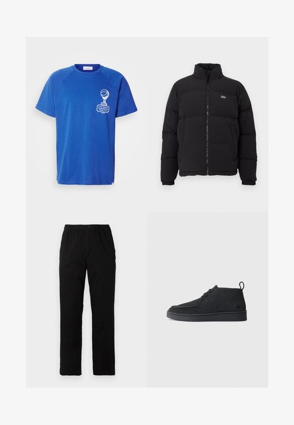 Black puffer jacket with a high collar, front zipper, and a small green logo. Features quilted sections and elasticized cuffs.; Blue cotton t-shirt with short sleeves, raglan design, featuring a white basketball trophy graphic and text on the front. Soft texture.; Black pants made of cotton blend fabric, featuring a straight cut, elastic waistband with button, and no visible patterns or accents.; Black suede lace-up ankle boot with pull tab and textured sole, featuring small embossed crocodile logo on the side.