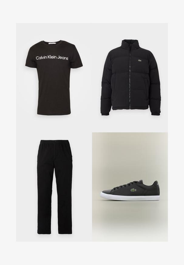 Casaco puffer preto com gola alta, fecho na frente e um pequeno logótipo verde. Apresenta secções acolchoadas e punhos elásticos.; T-shirt preta de algodão com decote redondo e mangas curtas; logótipo "Calvin Klein Jeans" em branco na parte da frente.; Calças pretas feitas de um tecido de algodão misto, com corte reto, cintura elástica com botão e sem padrões ou detalhes visíveis.; Tênis de couro preto com sola de borracha branca, apresentando um logotipo de crocodilo verde e cadarços redondos, design elegante com textura suave.