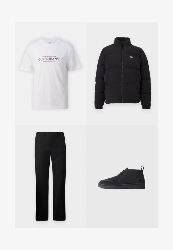 Černá péřová bunda s vysokým límcem, předním zipem a malým zeleným logem. Obsahuje prošívané části a elastické manžety.; Bílá bavlněná tričko s kulatým výstřihem a krátkými rukávy, s červeným a černým potiskem s nápisy "GUESS JEANS" a "AMERICAN TRADITION."; Černé kalhoty s rovnými nohavicemi, vyrobené z hladké látky. Mezi vlastnosti patří plochý přední díl a střední pas.; Černé semišové kotníkové boty na šněrování s poutkem a texturovanou podrážkou, s malým reliéfním krokodýlím logem na boku.