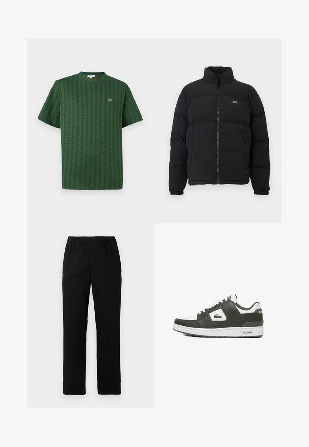 Chaqueta de plumas negra con cuello alto, cremallera frontal y un pequeño logotipo verde. Presenta secciones acolchadas y puños elásticos.; Camiseta verde de algodón con un patrón geométrico texturizado. Presenta un cuello redondo acanalado y un pequeño logo en el pecho.; Pantalones negros de tejido de mezcla de algodón, con corte recto, cintura elástica con botón y sin patrones o acentos visibles.; Zapatilla de cuero verde con acentos blancos, que presenta una puntera redonda, cierre con cordones, superficie texturizada y un logo de Lacoste. Suela de goma.