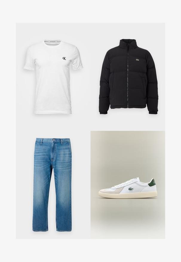 Melnā pūkainā jaka ar augstu apkakli, priekšējo rāvējslēdzēju un mazu zaļu logotipu. Iezīmējas ar kviltētām sekcijām un elastīgām aprocēm.; Balts kokvilnas T-krekls ar apaļu kakla izgriezumu un īsām piedurknēm, ar mazu melnu "ck" logotipu kreisajā krūtīs.; Gai zila denim bikses ar taisnu piegriezumu, piecu kabatu dizainu, pogu aizdari un vieglu izbalējumu priekšpusē. Nav redzamu rakstu.; Baltie sporta apavi ar zaļiem akcentiem, izgatavoti no zamša un ādas, ar noapaļotu purngalu, teksturētu zoli un izšūtu logotipu sānos un uz mēles.