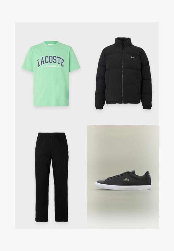 Juodas pūkinis švarkas su aukštu apykakle, priekiniais užtrauktuku ir maža žalia emblema. Yra siūtos dalys ir elastingi rankogaliai.; Žalias medvilninis marškinėlis su apvalia iškirpte. Pirmi su ryškiu tamsiai mėlynu tekstu, kuris skaito "LACOSTE" ir "SPORTSWEAR" per krūtinę. Trumpomis rankovėmis.; Juodi kelnės, pagamintos iš medvilnės mišinio, su tiesiomis kirpimo linijomis, elastingu liemeniu su mygtuku ir be aiškių raštų ar akcentų.; Juodos odinės sportbačiai su baltais guminiais padais, turintys žalią krokodilo logotipą ir apvalias raišteles, elegantiškas dizainas su lygia tekstūra.