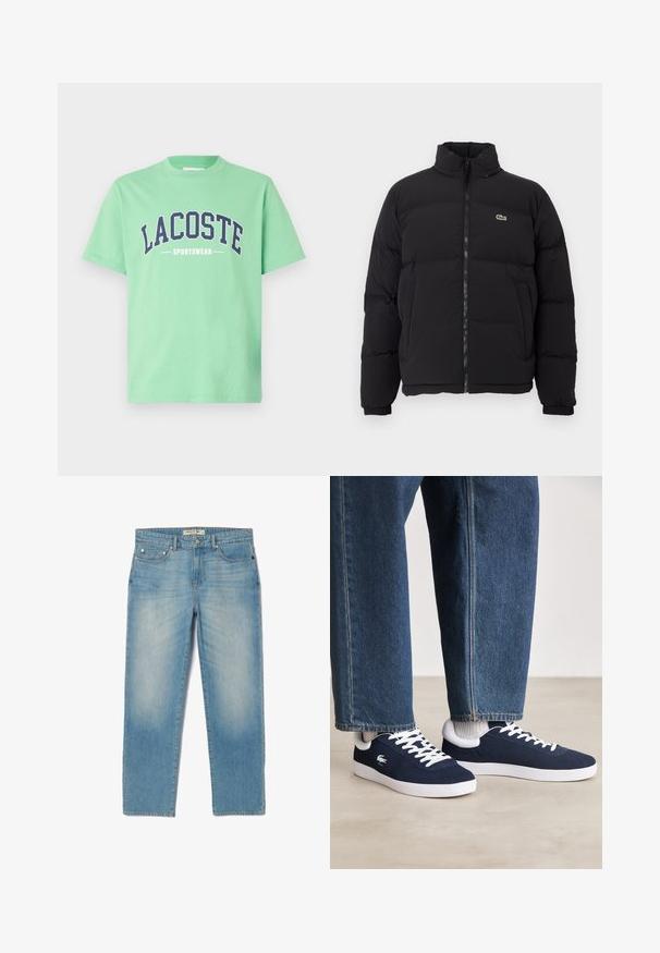 Black puffer jacket with a high collar, front zipper, and a small green logo. Features quilted sections and elasticized cuffs.; Green cotton t-shirt with a crew neckline. Features bold navy text reading "LACOSTE" and "SPORTSWEAR" across the chest. Short sleeves.; Light blue denim jeans with a straight-leg design, five pockets, and a slightly faded wash. Features silver hardware and a branded waistband tag.; Blue canvas sneakers with white laces and rubber soles, displayed with denim trousers and grey ribbed socks, on a light grey surface.