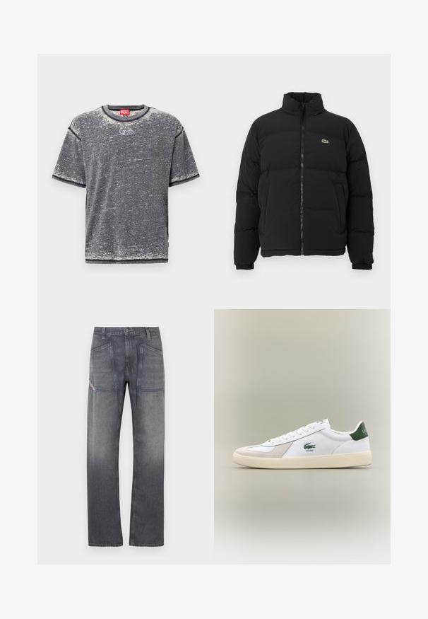 Casaco puffer preto com gola alta, fecho na frente e um pequeno logótipo verde. Apresenta secções acolchoadas e punhos elásticos.; Camiseta cinza de manga curta feita de tecido suave. Apresenta um decote redondo e uma textura tonal subtil. Na frente, possui um detalhe de logotipo ao centro.; Jeans de ganga cinza com corte de perna reta. Apresenta dois bolsos frontais com costuras contrastantes e uma cintura com fecho de botão metálico.; Sapatilha branca com pormenores verdes, materiais em camurça e pele, bico arredondado, sola texturizada e logótipo bordado na lateral e na língua.