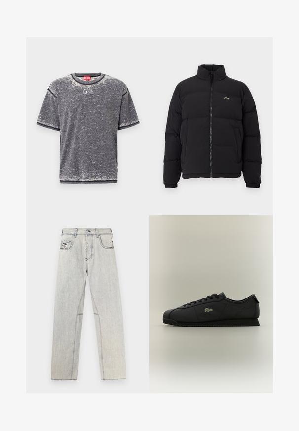 Črna napihljiva jakna z visokim ovratnikom, sprednjim zadrgo in majhnim zelenim logotipom. Ima prešite dele in elastične manšete.; Siva kratka majica z kratkimi rokavi, izdelana iz mehke tkanine. Ima okrogel izrez in subtilno tonirano teksturo. Na sprednji strani je logotip na sredini.; Svetlo modre džins hlače s pravim krojem, z kontrastnim šivanjem, dvema sprednjima žepoma in raztrganimi detajli na tkanini.; Črne nizke športne čevlje z vezalkami na sprednji strani, teksturiranim podplatom in zlatim krokodilovim logotipom ob strani.