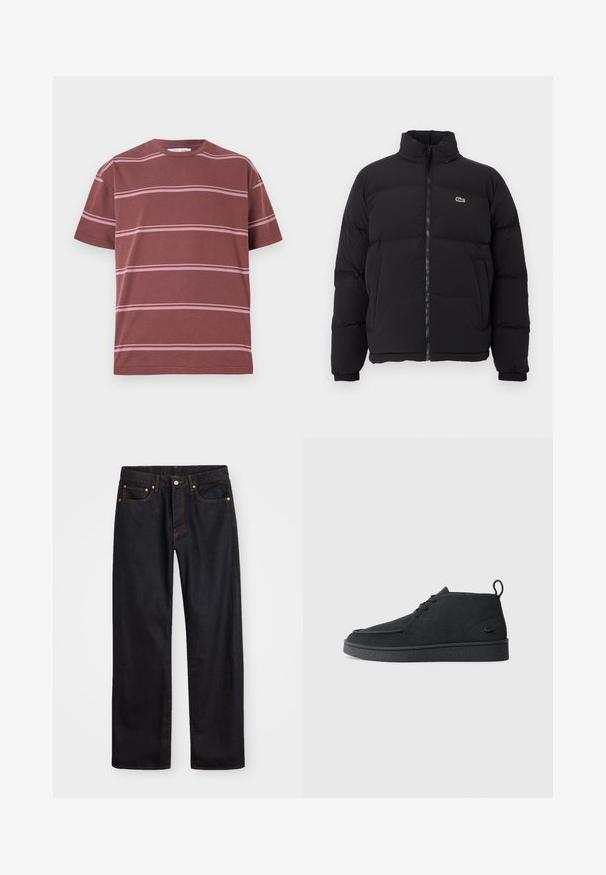 Črna napihljiva jakna z visokim ovratnikom, sprednjim zadrgo in majhnim zelenim logotipom. Ima prešite dele in elastične manšete.; Bordo majica s horizontalnimi roza črtami, okrogli izrez, kratki rokavi in sproščen kroj. Narejena iz mehkega bombažnega materiala.; Moške črne kavbojke ravnega kroja z petimi žepi in oranžnim šivanjem, z gumbom in zadrgo na sprednjem pasu.; Črni nubuk gležnjarji z vezalkami in zanko za poteg, z teksturiranim podplatom ter majhnim embosiranim krokodilovim logotipom na strani.