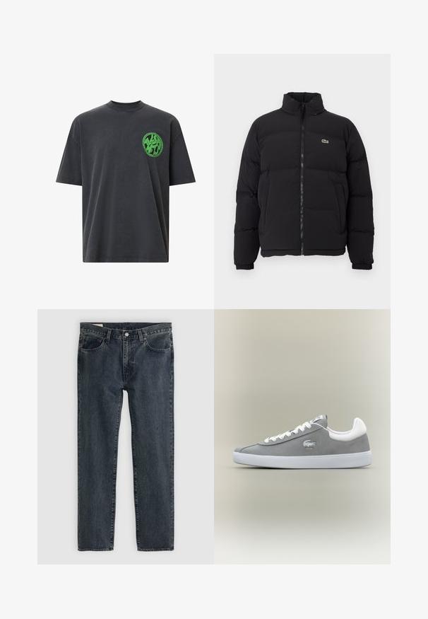 Black puffer jacket with a high collar, front zipper, and a small green logo. Features quilted sections and elasticized cuffs.; Gray cotton t-shirt with short sleeves, crew neck, featuring a circular green logo on the left chest area. Smooth texture.; Dark blue denim jeans with a straight leg design, five pockets, and a button-fly closure. The fabric shows a subtle fade and texture.; Gray suede sneaker with white rubber sole, lace-up closure, and embroidered logo on the side. Minimalist design with a classic silhouette.