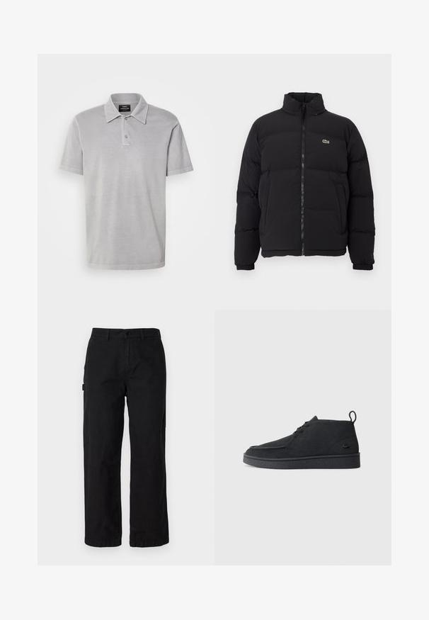 Schwarze Pufferjacke mit hohem Kragen, Frontreißverschluss und kleinem grünen Logo. Verfügt über gesteppten Bereiche und elastische Bündchen.; Mads Nørgaard PIGMENT DYE - Poloshirt - titanium; Schwarze Baumwoll-Cargohosen mit geradem Bein, ausgestattet mit Seitentaschen und einem vorderen Knopfverschluss. Langlebiger Stoff mit einer glatten Textur.; Schwarze Wildleder Schnürstiefelette mit Zuglasche und strukturiertem Boden, ausgestattet mit kleinem eingeprägtem Krokodil-Logo an der Seite.