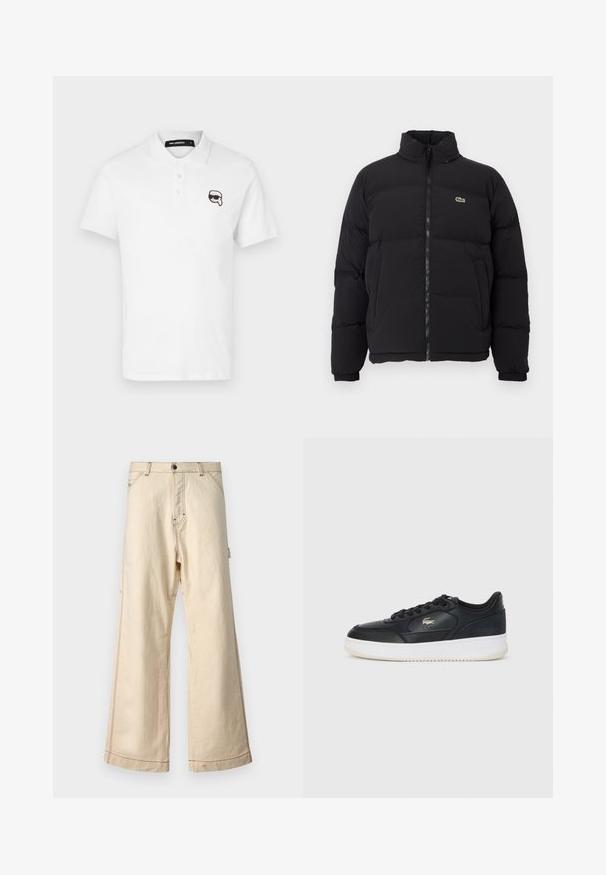 Čierna páperová bunda s vysokým golierom, predným zipsom a malým zeleným logom. Obsahuje prešívané sekcie a elastické manžety.; Biela polo košeľa s krátkymi rukávmi, s trojicou gombíkov ako zapínaním a čiernym vyšitým karikatúrnym logom na ľavej hrudi.; Bežové široké nohavice vyrobené z bavlny s uzatváraním na zips a gombík, s kontrastným šitím a bočnými vreckami.; Čierne kožené tenisky s bielou podrážkou, s okrúhlou špičkou, šnurovací dizajn a jemné logo na boku. Štruktúrovaný vrch.
