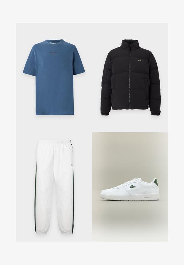 Fekete puffernadrág magas gallérral, elülső cipzárral és egy kicsi zöld logóval. Steppelt részekkel és rugalmas mandzsettákkal rendelkezik.; Kék pamut póló kerek nyakkivágással, rövid ujjakkal és diszkrét szöveges mintával sötétebb árnyalatokban. Egyszerű, laza fazon, minta nélkül.; Fehér sportnadrág sötétzöld oldalpanelekkel. Könnyű anyagból készült, rugalmas derékkal és gumis szegéllyel. Az oldalpaneleken hálós textúra található.; Fehér bőr sneaker sima felülettel, zöld akcentussal a saroknál, és zöld logóval az oldalon. Lapos talpa és kerek orra van.