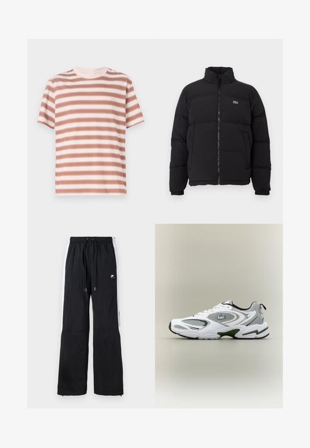 Melnā pūkainā jaka ar augstu apkakli, priekšējo rāvējslēdzēju un mazu zaļu logotipu. Iezīmējas ar kviltētām sekcijām un elastīgām aprocēm.; Svītrainā īsa piedurkne T-kreklā no mīksta kokvilnas, ar maiņojošām platu bēša un gaiši brūnu svītru, apaļu kakla izgriezumu un smalku logotipa detaļu.; Melnas sporta bikses ar elastīgu jostasvietu, baltām sānu svītrām, ar rāvējslēdzējiem pie aprocēm un gumijotu logotipa detaļu priekšā.; Balti un pelēki sporta skriešanas apavu, ar sieta paneļiem, zaļām akcentiem, melniem elementiem un logotipu sānos, attēloti no ārējās puses.