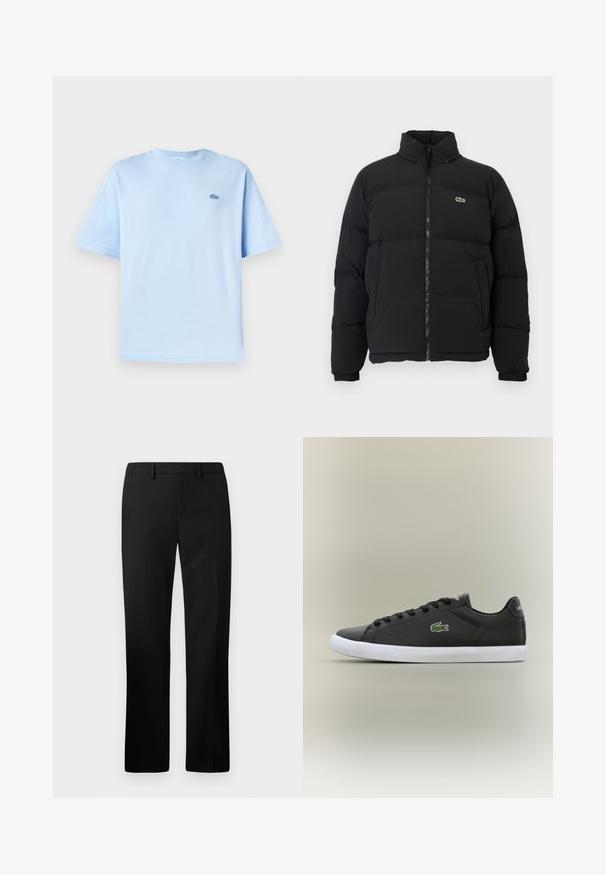Čierna páperová bunda s vysokým golierom, predným zipsom a malým zeleným logom. Obsahuje prešívané sekcie a elastické manžety.; Svetlomodré bavlnené tričko s okrúhlym výstrihom, krátkymi rukávmi a malým vyšívaným logom na ľavej strane hrude. Mäkko textúra, voľný strih.; Čierne elegantné nohavice so rovnými nohavicami, vyrobené z hladkej tkaniny. Súčasťou je plochý predný diel a pás so stredným vzostupom.; Čierne kožené tenisky s bielou gumovou podrážkou, s logom zeleného krokodíla a okrúhlymi šnúrkami, elegantný dizajn s hladkou textúrou.