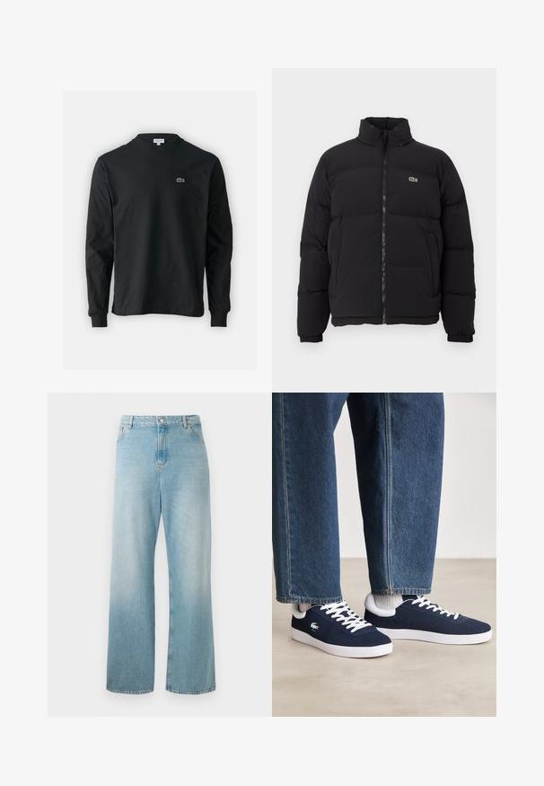 Juodas pūkinis švarkas su aukštu apykakle, priekiniais užtrauktuku ir maža žalia emblema. Yra siūtos dalys ir elastingi rankogaliai.; Juodas ilgomis rankovėmis marškinėliai iš medvilnės, turintys apvalią iškirptę ir mažą žalią išsiuvinėtą krokodilo logotipą kairėje krūtinės pusėje.; Šviesiai mėlyni plataus kirpimo džinsai, pagaminti iš džinsinio audinio. Ypatingas aukštas liemuo, priekinės kišenės ir švarus apdailos kraštas. Minkšta tekstūra su išblukusiu paviršiumi.; Mėlyni drobės sportbačiai su baltais raišteliais ir guminiais padais, išdėstyti su džinsiniais kelnėmis ir pilkais briaunotais kojiniais, šviesiai pilkame paviršiuje.