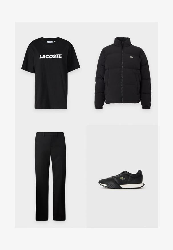 Casaco puffer preto com gola alta, fecho na frente e um pequeno logótipo verde. Apresenta secções acolchoadas e punhos elásticos.; T-shirt de algodão preta com um logótipo "LACOSTE" impresso em branco na frente. Mangas curtas e decote em forma de crew. Ajuste clássico e descontraído.; Calças pretas sob medida com um design de perna reta, feitas de um tecido suave. Inclui uma frente lisa e uma cintura de altura média.; Ténis pretos com acabamento em pele lisa, apresentando uma sola de borracha texturizada, entressola branca e um logótipo bordado verde de um lado.