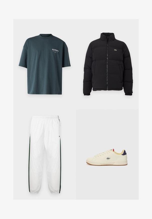 Must küll puffer-jope kõrge kraega, esine tõmblukk ning väike roheline logo. Omab tikitud osi ja elastseid mansette.; AllSaints UNDERGROUND CREW - Trükipildiga T-särk - universe blue; Valged sportpüksid tumeroheline külgpanelitega. Kerge materjal, elastne vöökoht ja mansetid. Külgpanelitel on võrkmuster.; Lacoste'i tossud kreemjas nahas, millel on tekstureeritud viimistlus. Omavad kummist talla, nööbitehnikat, mereväe sinist kannaosa ja kirjaõmblustega logo.