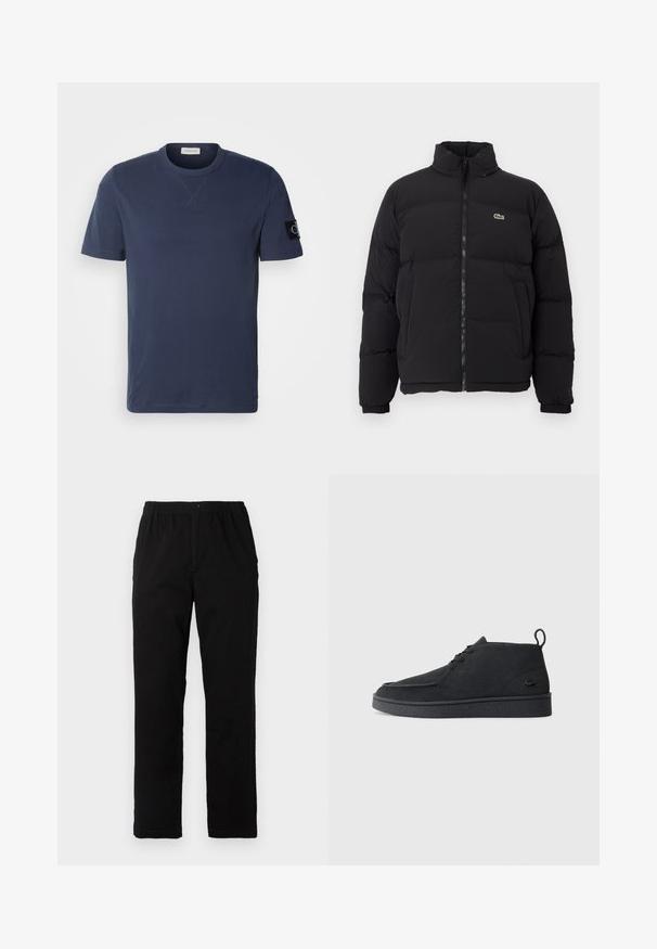 Fekete puffernadrág magas gallérral, elülső cipzárral és egy kicsi zöld logóval. Steppelt részekkel és rugalmas mandzsettákkal rendelkezik.; Calvin Klein Jeans BADGE REGULAR TEE - Basic póló - ink; Fekete pamut keverék anyagú nadrág, egyenes szabású, rugalmas derékrésszel és gombbal, látható minták vagy díszítések nélkül.; Fekete velúr, fűzős bokacsizma, húzófüllel és texturált talppal, oldalt kis, dombornyomott krokodil logóval.