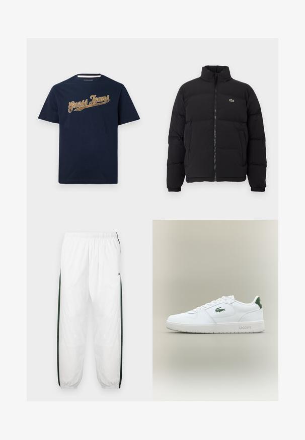 Must küll puffer-jope kõrge kraega, esine tõmblukk ning väike roheline logo. Omab tikitud osi ja elastseid mansette.; Tumedat sinine puuvillane t-särk lühikeste varrukatega, millel on tekstuuriga kuldne "Guess Jeans" logo rinnal. Ümmargune kaelus.; Valged sportpüksid tumeroheline külgpanelitega. Kerge materjal, elastne vöökoht ja mansetid. Külgpanelitel on võrkmuster.; Valge nahkne spordijalats sujuva viimistlusega, rohelised aktsendid kanna peal ja roheline logo küljel. Omab lamedat tallat ja ümmargust varvast.