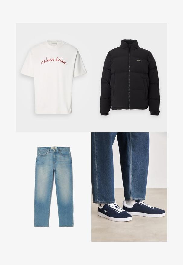 Black puffer jacket with a high collar, front zipper, and a small green logo. Features quilted sections and elasticized cuffs.; White cotton t-shirt with short sleeves featuring curved red embroidered text "calvin klein" across the chest. Classic crew neck design.; Light blue denim jeans with a straight-leg design, five pockets, and a slightly faded wash. Features silver hardware and a branded waistband tag.; Blue canvas sneakers with white laces and rubber soles, displayed with denim trousers and grey ribbed socks, on a light grey surface.