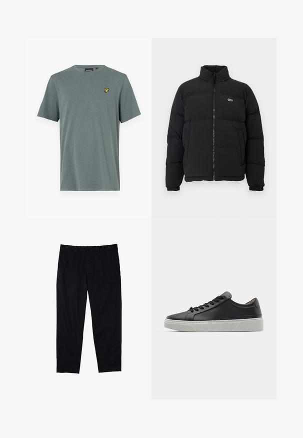 Chaqueta de plumas negra con cuello alto, cremallera frontal y un pequeño logotipo verde. Presenta secciones acolchadas y puños elásticos.; Camiseta gris de manga corta hecha de una tela suave, con un logo bordado amarillo en el lado izquierdo del pecho. Cuello redondo con un ajuste estándar.; Pantalones negros de algodón con diseño de pierna recta, que cuentan con cierre de botón, bolsillos laterales y una textura suave.; Zapatilla negra de cuero con textura suave, punta redonda y cordones negros. Presenta una gruesa suela de goma blanca con sutiles acentos geométricos.