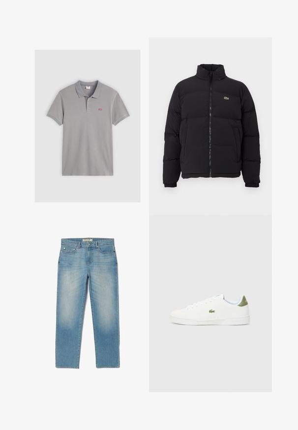 Casaco puffer preto com gola alta, fecho na frente e um pequeno logótipo verde. Apresenta secções acolchoadas e punhos elásticos.; Pólo cinza feito de uma mistura de algodão, com uma pala de dois botões, colarinho e punhos canelados, apresentando um pequeno logótipo vermelho da Levi's no peito.; Jean de ganga azul claro com um design de perna reta, cinco bolsos e um efeito desbotado ligeiro. Apresenta detalhes em metal prateado e uma etiqueta com a marca na cintura.; Tênis brancos com uma textura suave, apresentando um detalhe verde no calcanhar e um pequeno logotipo de crocodilo bordado na lateral.
