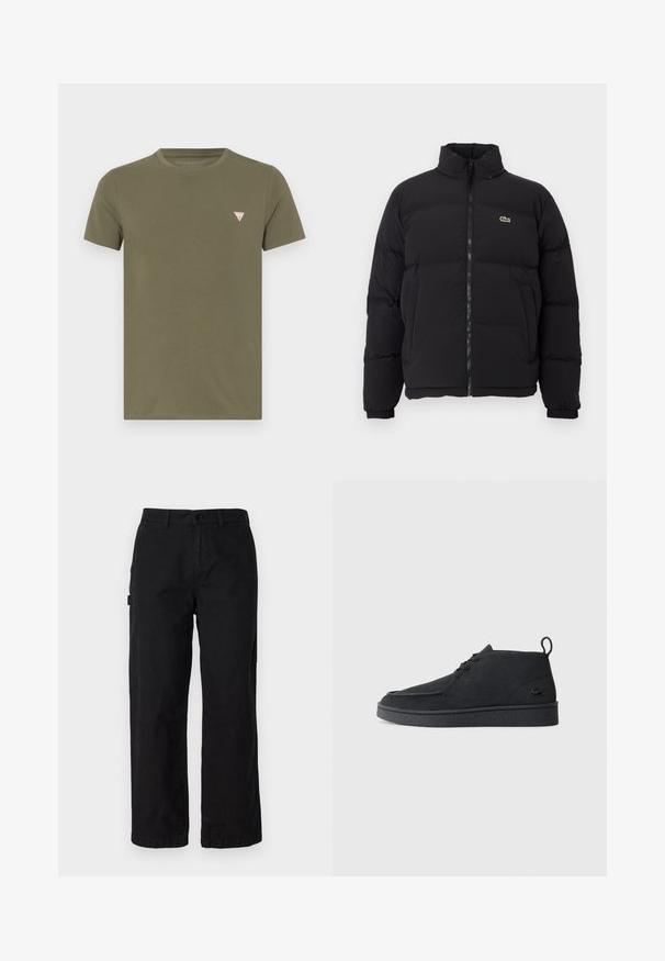 Black puffer jacket with a high collar, front zipper, and a small green logo. Features quilted sections and elasticized cuffs.; Olive green short-sleeve t-shirt made of cotton, featuring a small triangular logo in red and white on the left chest area.; Black cotton cargo pants with a straight leg design, featuring side pockets and a front button closure. Durable fabric with a smooth texture.; Black suede lace-up ankle boot with pull tab and textured sole, featuring small embossed crocodile logo on the side.