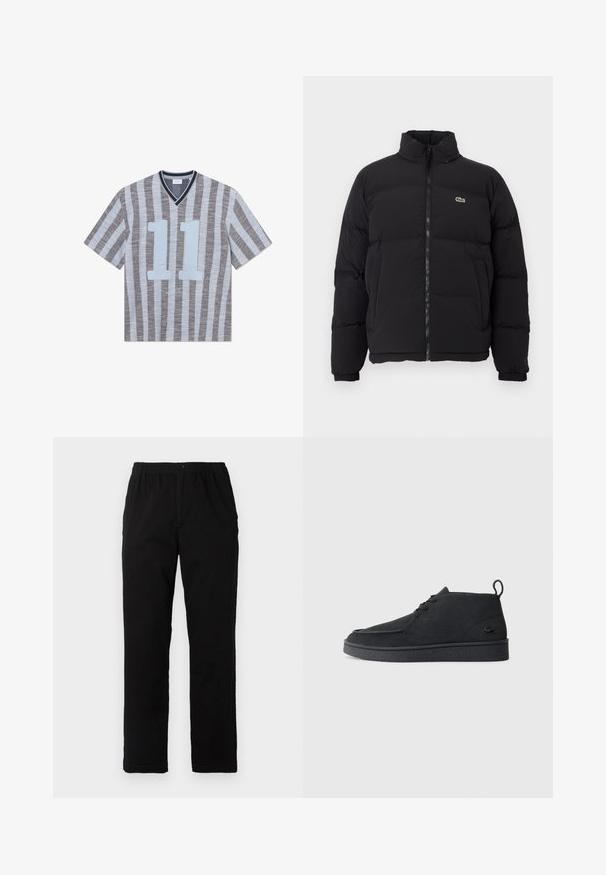 Črna napihljiva jakna z visokim ovratnikom, sprednjim zadrgo in majhnim zelenim logotipom. Ima prešite dele in elastične manšete.; Polo majica s kratkimi rokavi z ozkimi modrimi in sivo-belimi črtami. Ima V-izrez, pogumno modro številko "11" spredaj in teksturirano tkanino.; Črne hlače iz mešanice bombaža, s ravnim krojem, elastičnim pasom z gumbom in brez vidnih vzorcev ali akcentov.; Črni nubuk gležnjarji z vezalkami in zanko za poteg, z teksturiranim podplatom ter majhnim embosiranim krokodilovim logotipom na strani.