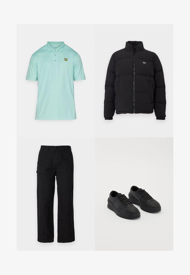 Schwarze Pufferjacke mit hohem Kragen, Frontreißverschluss und kleinem grünen Logo. Verfügt über gesteppten Bereiche und elastische Bündchen.; Helles blaues Polohemd aus glattem Material mit einer Dreiknopf-Leiste und einem kleinen, schwarz-gelben gestickten Logo auf der Brust.; Schwarze Baumwoll-Cargohosen mit geradem Bein, ausgestattet mit Seitentaschen und einem vorderen Knopfverschluss. Langlebiger Stoff mit einer glatten Textur.; Ein Paar schwarze, flache Plattform-Sneaker mit Schnürsenkeln, dicken Sohlen und Perforationen im Bereich der Zehen vor einem schlichten Hintergrund.