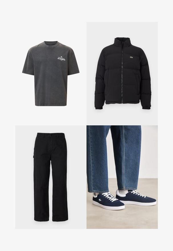 Černá péřová bunda s vysokým límcem, předním zipem a malým zeleným logem. Obsahuje prošívané části a elastické manžety.; Tmavě šedé oversized tričko, bavlněný materiál, krátké rukávy, kulatý výstřih, na levé hrudi bílý logo "ALLSAINTS", jemně strukturovaný povrch.; Černé bavlněné cargo kalhoty se střihem rovného nohavice, obsahující boční kapsy a přední zapínání na knoflík. Odolná tkanina s hladkou strukturou.; Modré plátěné tenisky s bílými tkaničkami a gumovými podrážkami, vystavené spolu s džíny a šedými žebrovanými ponožkami na světle šedém povrchu.