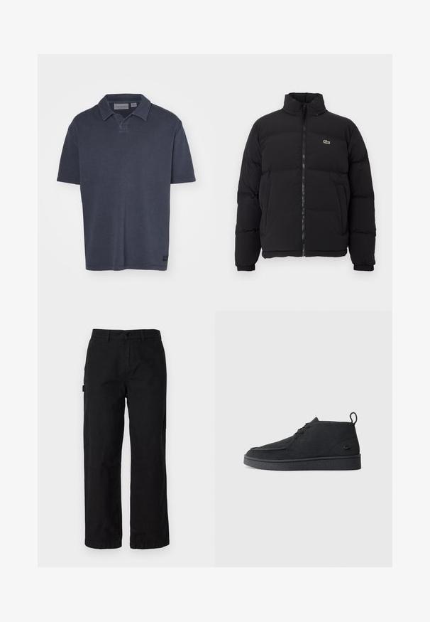 Juodas pūkinis švarkas su aukštu apykakle, priekiniais užtrauktuku ir maža žalia emblema. Yra siūtos dalys ir elastingi rankogaliai.; Tamsiai mėlyna polo marškinėliai iš tekstūruoto audinio, su klasikinėmis apykaklėmis, trumpomis rankovėmis ir mažu logotipo ženkliuku ant apatinio krašto.; Juodos medvilnės cargo kelnės su tiesiomis kojomis, turinčios šonines kišenes ir priekinį mygtuko užsegimą. Patvari medžiaga su lygiu tekstūru.; Juodas zomšinės odo aulinukas su raišteliais, turintis traukimą ir tekstūruotą pado dalį, su mažuoju įspaustu krokodilo logotipu šone.