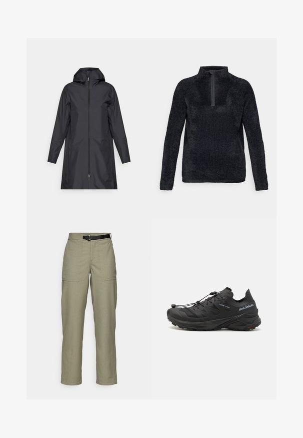 Zwarte waterdichte jas met een capuchon, volledige rits aan de voorkant, lange mouwen en een minimalistisch ontwerp. Gladde textuur, onopgesmukt oppervlak.; Fleece pullover in donkergrijs met een ritskraag, lange mouwen, een gestructureerd oppervlak en een relaxte pasvorm. Eenvoudig en functioneel ontwerp.; Khaki broek van textuurstof, met een recht pijpdesign, twee frontzakken en een zwarte riem in de taille.; Zwarte trailschoen voor hardlopen met een gestructureerde bovenkant, meshpanelen en een veilig bevestigingssysteem. Beschikt over een robuuste buitenzool voor grip.