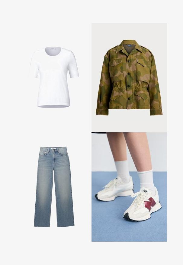 Polo Ralph Lauren PRINTED CROPPED FIELD JACKET - Kevyt takki - green/brown; Valkoinen pyöreän kaula-aukon t-paita, jossa on lyhyet hihat, valmistettu pehmeästä puuvillasta. Silkkinen rakenne, yksinkertainen muotoilu ja suora helma. Brändilogo näkyvissä.; Vaaleansiniset leveälahkeiset farkut, joissa on korkeavyötärö, etutaskut ja nappikiinnitys. Suora pinta, jossa on haalistuneita kohtia.; Pari valkoisia tennareita, joissa on maroon-väriset yksityiskohdat, teksturoituja paneleita, litteä musta pohja ja vaaleat nauhat, käytettyinä valkoisten nilkkasukkien kanssa.