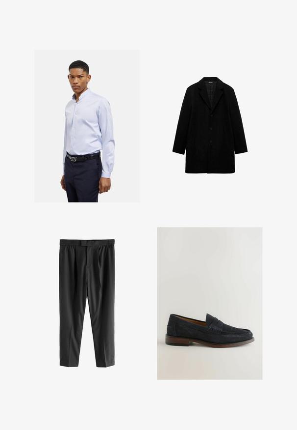 Cappotto nero con colletto a rever, foderato in tessuto trapuntato, chiusura a pulsante monopetto, tasche laterali e maniche lunghe. Design semplice e dritto.; Camicia azzurra a maniche lunghe con colletto rialzato, chiusura a bottoni e texture liscia, abbinata a pantaloni scuri e una cintura nera.; Next REGULAR FIT -CHECK SMART - Chino - black; Mocassini in suede blu navy con un accento cucito e un tacco di legno marrone basso. Punta arrotondata e design senza lacci con hardware invisibile.