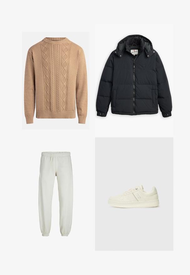 Doudoune noire avec capuche amovible, fermeture à glissière sur le devant, poches latérales et poignets élastiques. Caractéristiques de panneaux cousus pour l'isolation et la chaleur.; Pull en tricot beige avec des motifs texturés. Il présente un col rond, des poignets côtelés et des designs de tricot en câble variés sur le devant.; Pantalons de survêtement blancs en tissu doux, avec une taille et des poignets élastiques, présentant une texture lisse et un design ample.; Sneaker couleur crème avec des détails perforés, des lacets et un logo sur le côté, présenté sur un fond blanc uni.