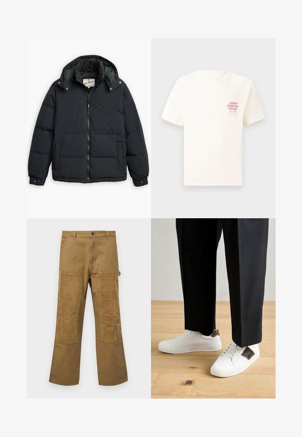 Black puffer jacket with a detachable hood, zipper front, side pockets, and elastic cuffs. Features stitched panels for insulation and warmth.; White short-sleeve T-shirt with red text "Studio Originals Edition" on left chest, displayed on a neutral gray background.; Cargo pants made of brown cotton with contrasting ribbed fabric patches, straight-leg cut, five pockets, and a button closure.; White sneakers with smooth texture, featuring brown leather accents and black detailing, paired with black tailored pants. Wooden floor background.