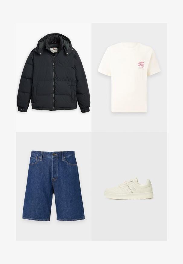 Chaqueta de plumas negra con capucha desmontable, cierre de cremallera en el frente, bolsillos laterales y puños elásticos. Presenta paneles cosidos para aislamiento y calidez.; Camiseta blanca de manga corta con el texto rojo "Edición de Studio Originals" en el lado izquierdo del pecho, exhibida sobre un fondo gris neutro.; Jack & Jones JJIALEX JJORIGINAL - Shorts vaqueros - blue denim; Zapatilla color crema con detalles perforados, cordones y logotipo en el lateral, exhibida sobre un fondo blanco liso.