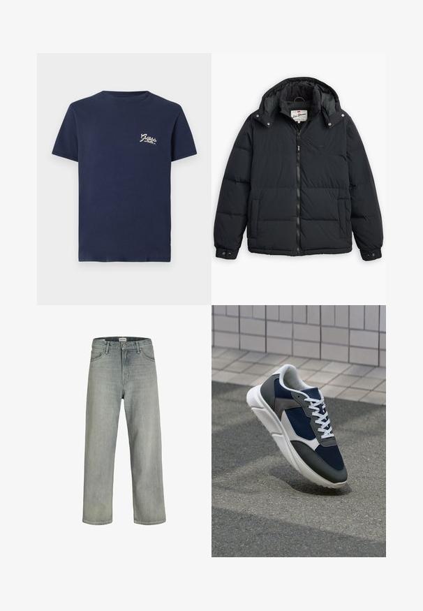 Schwarze Daunenjacke mit abnehmbarer Kapuze, Reißverschluss vorne, seitlichen Taschen und elastischen Bündchen. Verfügt über genähte Einsätze für Isolation und Wärme.; HimmelblauesT-Shirt mit kurzen Ärmeln und kleinem weißen "Guess Los Angeles, CA" Logo auf der linken Brust vor weißem Hintergrund.; Hellgraue, locker sitzende Jeans aus Denim. Verfügt über ein klassisches Fünf-Taschen-Design, Gürtelschlaufen und eine gerade Bein-Silhouette.; Sneaker mit einem Obermaterial aus navyblauem Mesh, grauen Wildlederelementen, einer weißen Gummisohle und flachen weißen Schnürsenkeln, entworfen für Komfort und Atmungsaktivität.