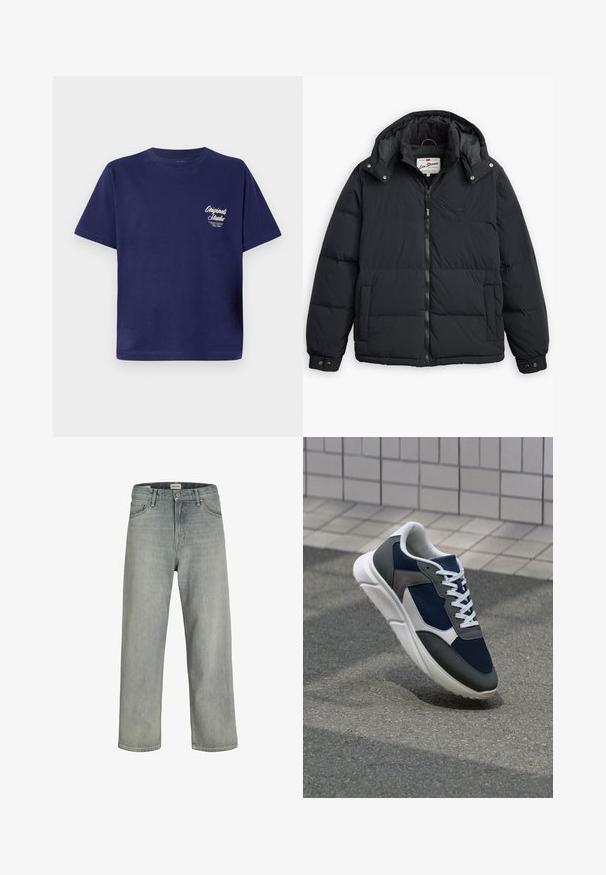 Casaco tipo puffer preto com capuz destacável, fecho de correr à frente, bolsos laterais e punhos elásticos. Apresenta painéis cosidos para isolamento e aquecimento.; T-shirt de algodão azul-marinho com mangas curtas, gola redonda e pequeno gráfico de texto branco na frente à esquerda. Design simples e de cor sólida.; Jeans soltos de cor cinza claro feitos de denim. Apresentam um design clássico de cinco bolsos, passadores para cinto e uma silhueta de perna reta.; Sapatilha com parte superior em malha azul-marinho, detalhes em camurça cinza, sola de borracha branca e atacadores brancos planos, projetada para conforto e respirabilidade.