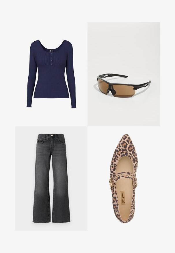 Črni usnjeni plašč do kolen z dolgimi rokavi, širokimi reverji, pasom in stranskimi žepi. Gladka tekstura z poliranim končnim obdelavo.; Temno modra rebrasta majica z dolgimi rokavi, s krožnim izrezom in gumbnim zapenjanjem, ki vključuje tri kovinske gumbe na sredini.; Široke traperice v temno sivi barvi. Imajo pet žepov, gumb za zapiranje in subtilno zbledelost na tkanini. Klasični šivi poudarjajo obliko.; Čevlji Mary Jane z leopardjim vzorcem, koničastim nosom, mehkim zgornjim delom iz blaga in trakom, okrašenim z zlatim sponko. Očitna smetanasta podloga in notranji del.; Športne sončne očala z črnim okvirjem, rjavimi lečami in teksturiranimi črnimi detajli na templjih. Lahka in aerodinamična zasnova.