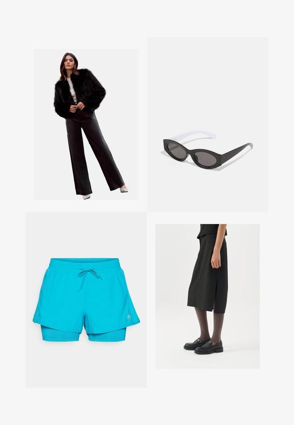 Svart som faux päls, kort jacka, ihop med hög midja svarta läderbyxor, silverklackar och en vit topp. Slät yta och stilren design.; Vitt sportigt crop top i lätt och ventilerande tyg. Har nätpaneler på sidorna och svart broderad logotyp på bröstet.; Akvablå träningsshorts med dragsko i midjan, med ett lagerdesign och inre åtsittande shorts, tillverkade av lätt och stretchigt material.; Svart knälång kjol med sidoklyv, kombinerad med svarta loafers och genomskinliga bruna strumpbyxor, med en slät textil och enkel design.; Svarta ovala solglasögon med en glänsande yta och tjocka bågar; vita skalmar som gradvis avsmalnar, med mörkt tonade linser.; Silverörhängen med en slät, polerad yta och en tunn, cirkulär form. Designen har en säker låsning.