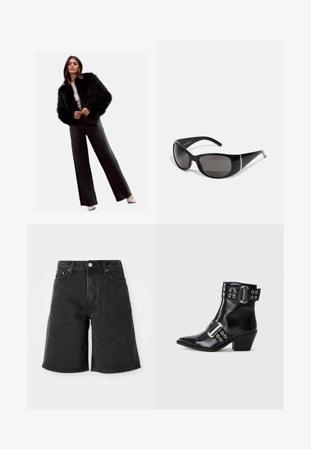 Black faux fur cropped jacket, paired with high-waisted black leather pants, silver heels, and a white top. Smooth texture and sleek design.; Gray ribbed tank top with a round neckline and no sleeves. Soft texture and fitted design, suitable for casual or layering options.; Black denim shorts with a high waist, featuring five pockets, copper rivets, and a dark wash texture. Straight leg cut with a clean hem.; Black leather ankle boot with pointed toe, silver buckle accents, and two straps with grommets. Low block heel for added stability.; Black sunglasses with glossy plastic frames, gradient gray lenses, and silver-tone accents on the sides. Sleek, curved design.; Silver hoop earrings with a smooth, polished finish and a seamless design, featuring rounded edges and a secure clasp.