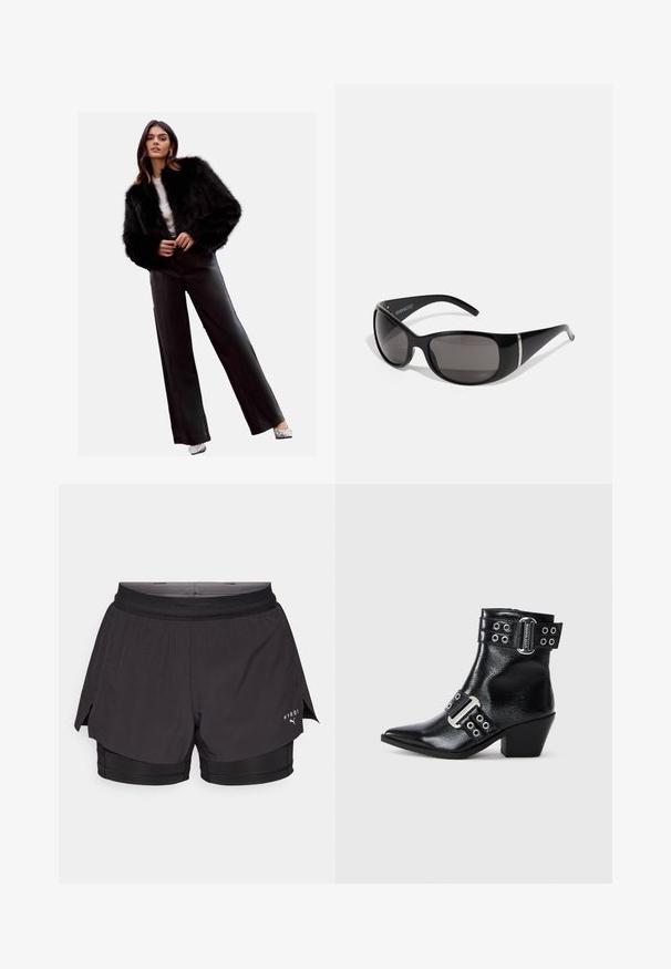 Chaqueta corta de piel sintética negra, combinada con pantalones de cuero negros de tiro alto, tacones plateados y una blusa blanca. Textura suave y diseño elegante.; Camiseta de tirantes gris con cuello redondo y sin mangas. Textura suave y diseño ajustado, ideal para opciones casuales o para llevar en capas.; Pantalones cortos de running negros con un diseño en capas, que cuentan con una capa exterior ligera y un interior ajustado. Incluye detalles de malla y logotipo.; Botín de cuero negro hasta el tobillo con punta afilada, acentos de hebilla plateada y dos correas con ojales. Tacón bajo cuadrado para mayor estabilidad.; Gafas de sol negras con montura de plástico brillante, lentes grises con degradado y acentos en tono plateado a los lados. Diseño elegante y curvado.