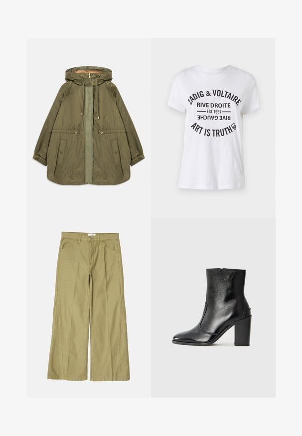Olivgrön huvjacka med framdraget blixtlås, dragsko för huvan, fickor med snap-knapp, elastiska ärmslut och justerbara midjedetaljer.; Vit bomullströja med fet svart text som visar varumärkesnamn, plats, etableringsdatum och slogan i ett cirkulärt mönster. Rund halsringning.; Breda byxor i ljus olivgrön bomull, med dragkedja, framfickor och sydda detaljer längs sömmarna.; Svart läderankelboot med en slät yta, spetsig tå och en kraftig hög klack. Har en sidöppning och ett minimalistiskt design.