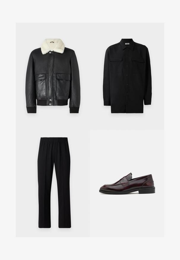 Čierna kožená bunda s krémovým beránkovým golierom, s dvoma prednými vreckami a rebrovanými manžetami na leme a rukávoch.; Čierna košeľa na gombíky vyrobená z hladkej tkaniny, so klasickým golierom, dvoma prednými vreckami a dlhými rukávmi s gombíkovými manžetami.; Čierne nohavice s elastickým pásom a rovnými nohavicami, majú hladkú textúru a žiadne viditeľné vzory ani kovové doplnky.; Bordové kožené mokasíny s hladkým povrchom, obdĺžnikovým predným akcentom a zaoblenou špičkou, s čiernou gumovou podrážkou.