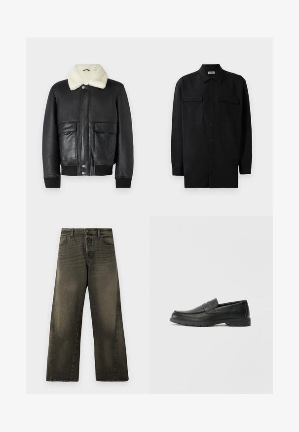 Juodas odinis švarkas su kreminės spalvos avikailio apykakle, turintis dvi priekines kišenes ir raukšlėtus rankogalius ant hem ir rankovių.; Juodas marškinis su mygtukais, pagamintas iš lygaus audinio, turi klasikinius apykaklės, du priekiniai kišeniai ir ilgus rankovės su mygtukais.; Aukštai įsibėgėję, plačiais kojomis juodi nusidėvėję džinsai su priekyje esančiu mygtuku ir užtrauktuku bei standartinėmis priekinėmis kišenėmis.; Juodai odiniai loaferiai su sklandžiu paviršiumi, mokasino stiliaus viršus, siuvinėjimu ir guminėmis padangomis. Klasikinis dizainas su žemu kulnu.